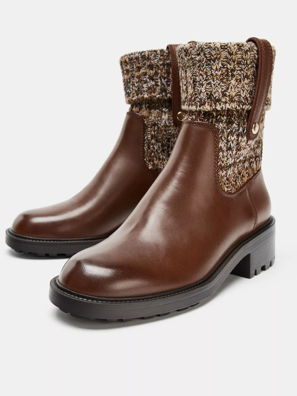 Zara Brown Leather Ankle Boots with Knit Cuff